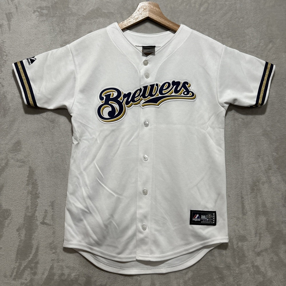 Majestic‎ Milwaukee Brewers MLB Baseball Jersey Boy's L Sewn White Short Sleeve